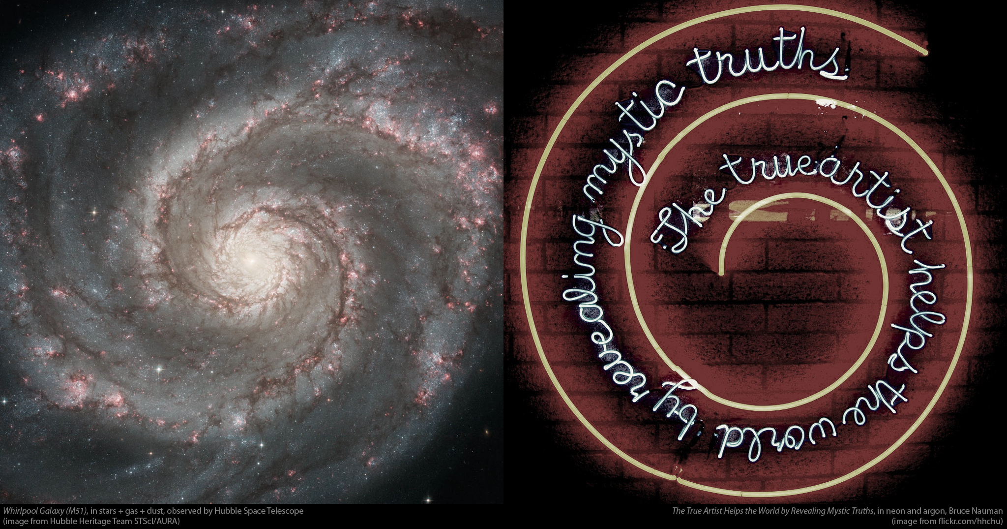 Two images side by side. Left, an image of the Whirlpool Galaxy (M51) where light is produced by glowing gas, stars, and dust. Right, an image of a sculpture by Bruce Nauman that says 'The true artist helps the world by revealing mystic truths.' in a spiral shape and where light is produced by excited neon and argon gas inside glass tubes.